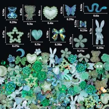 Kikonoke 100 Pieces 3D Resin Butterfly Bear Nail Charms Rose Flower Peach Skirt Bow Deer Snake Rabbit Animal Shaped Nail Art Rhinestones Pearls for DIY Nail Art Decoration Making Craft (Green)