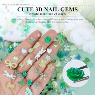 Kikonoke 100 Pieces 3D Resin Butterfly Bear Nail Charms Rose Flower Peach Skirt Bow Deer Snake Rabbit Animal Shaped Nail Art Rhinestones Pearls for DIY Nail Art Decoration Making Craft (Green)