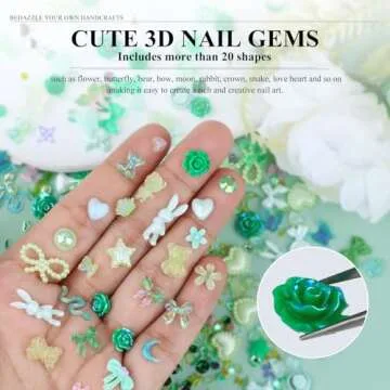 Kikonoke 100 Pieces 3D Resin Butterfly Bear Nail Charms Rose Flower Peach Skirt Bow Deer Snake Rabbit Animal Shaped Nail Art Rhinestones Pearls for DIY Nail Art Decoration Making Craft (Green)