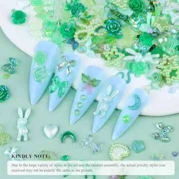 Kikonoke 100 Pieces 3D Resin Butterfly Bear Nail Charms Rose Flower Peach Skirt Bow Deer Snake Rabbit Animal Shaped Nail Art Rhinestones Pearls for DIY Nail Art Decoration Making Craft (Green)