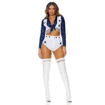Forplay Women's Star Cheerleader Costume 4-Piece Halloween Outfit with Top, Vest, Panty and Belt, White, L/XL