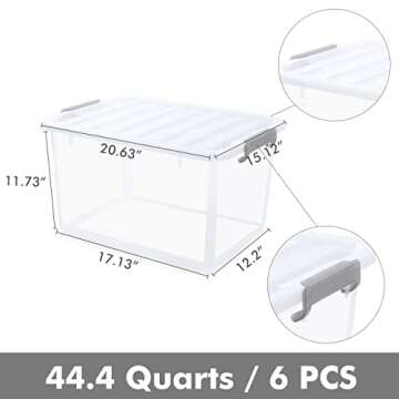 Citylife 6 Packs 44.4 QT Plastic Storage Bins with Lids Large Stackable Storage Containers for Organizing Clear Storage Box for Garage, Closet, Kitchen