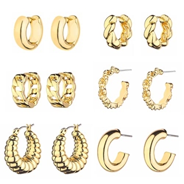 Wgoud Chunky Earrings Set - Stylish 14K Gold Hoops