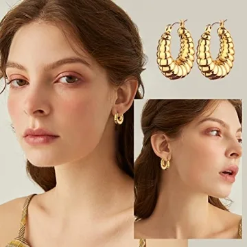 Wgoud Chunky Earrings Set - Stylish 14K Gold Hoops