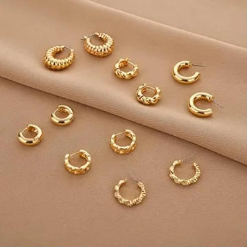Wgoud Chunky Earrings Set - Stylish 14K Gold Hoops