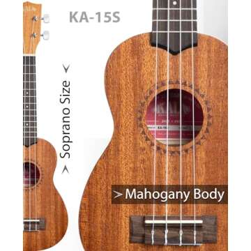 Kala KA-15S Satin Mahogany Soprano Ukulele Bundle with Gig Bag, Tuner, Strap, Fender Play, Austin Bazaar Instructional DVD, and Polishing Cloth