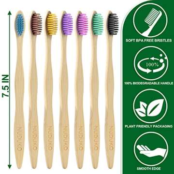 NUDUKO Biodegradable Bamboo Toothbrushes, 10 Piece BPA Free Soft Bristles Toothbrushes, Natural, Eco-Friendly, Green and Compostable (Multicolored Bristles)