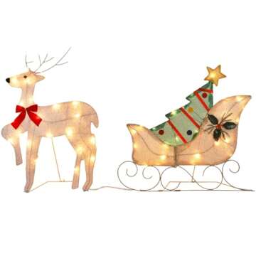 WATERGLIDE Set of 2 Lighted Christmas 2D Reindeers Outdoor Decorations, 23 Inch Pre-Lit Light Up Xmas Rudolph & Santa Sleigh with Lights, Festive Holiday Front Door Garden Patio Yard Lawn Display