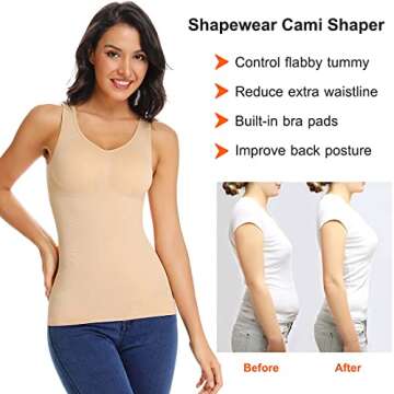 Women's Cami Shaper with Built in Bra Tummy Control Camisole Tank Top Underskirts Shapewear Body Shaper Beige