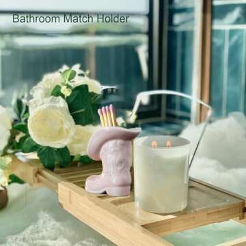 Cowboy Boot Match Holder With Striker - Ceramic cowgirl boots coastal Western home decor aesthetic, Matchesboxes For pink Bathroom Bedroom Pink