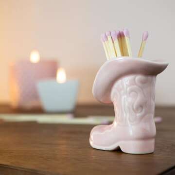 Cowboy Boot Match Holder With Striker - Ceramic cowgirl boots coastal Western home decor aesthetic, Matchesboxes For pink Bathroom Bedroom Pink