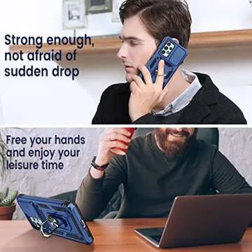Goton Compatible with Samsung Galaxy A53 5G Case with Camera Cover & 360° Kickstand Ring with Tempered Glass Screen Protector, Military Grade Shockproof Protective Bumper Cover for A53 5G Blue