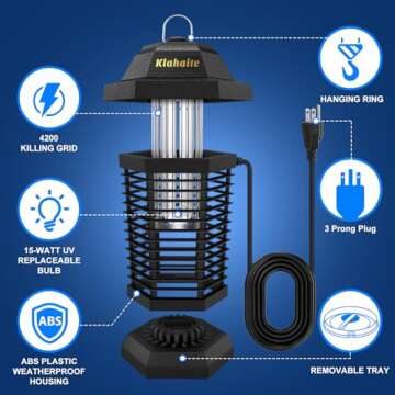 Klahaite Bug Zapper Outdoor Electric, Mosquito Zapper Indoor, Fly Zapper, Fly Trap, Insect Trap for Garden Backyard Patio, Black