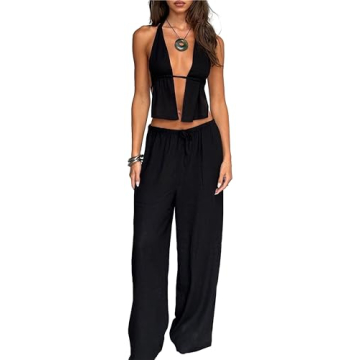 Women Sexy 2 Piece Outfits Tie Up Halter Neck Backless Tank Top and Wide Leg Drawstring Pants Set Cl...