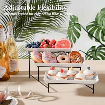3 Tier Plastic Serving Tray for Party, 11.5" x 5.6" Platters for Serving Food, Microwave-Safe, White Reusable Trays with Black Metal Display Stand for Cupcakes, Sevring Food, Dessert, Fruit, Black