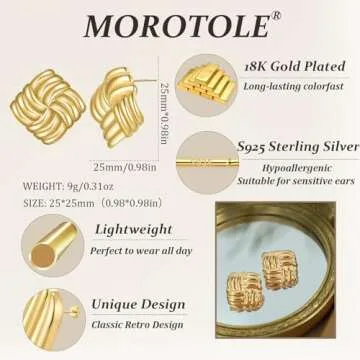 MOROTOLE Gold Chunky Earrings for Women Trendy Statement Earrings Hypoallergenic Sterling Silver Vintage Earrings Large Square Knot Textured Dome Earrings Lightweight Dainty Jewelry Gift for Women