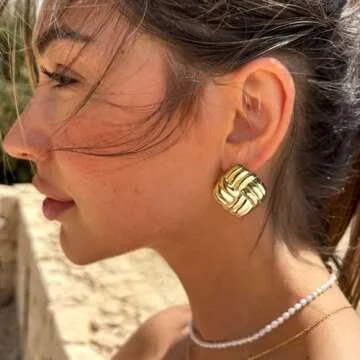 MOROTOLE Gold Chunky Earrings for Women Trendy Statement Earrings Hypoallergenic Sterling Silver Vintage Earrings Large Square Knot Textured Dome Earrings Lightweight Dainty Jewelry Gift for Women