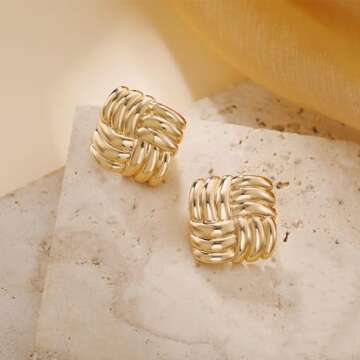 MOROTOLE Gold Chunky Earrings for Women Trendy Statement Earrings Hypoallergenic Sterling Silver Vintage Earrings Large Square Knot Textured Dome Earrings Lightweight Dainty Jewelry Gift for Women