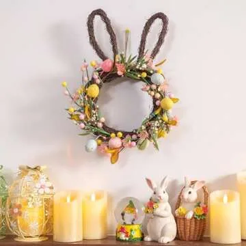 Valery Madelyn Easter Bunny Wreaths for Front Door with Lights, Easter Rabbit Wreath Decoration with Pastel Eggs, Artificial Spring Wreath for Home Indoor Outdoor Window Wall Holiday Party Decor-18''