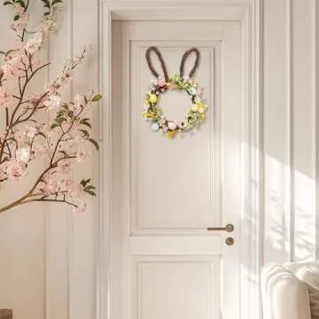 Valery Madelyn Easter Bunny Wreaths for Front Door with Lights, Easter Rabbit Wreath Decoration with Pastel Eggs, Artificial Spring Wreath for Home Indoor Outdoor Window Wall Holiday Party Decor-18''