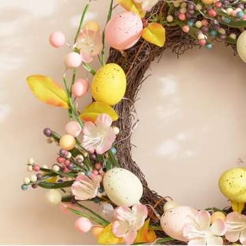 Valery Madelyn Easter Bunny Wreaths for Front Door with Lights, Easter Rabbit Wreath Decoration with Pastel Eggs, Artificial Spring Wreath for Home Indoor Outdoor Window Wall Holiday Party Decor-18''