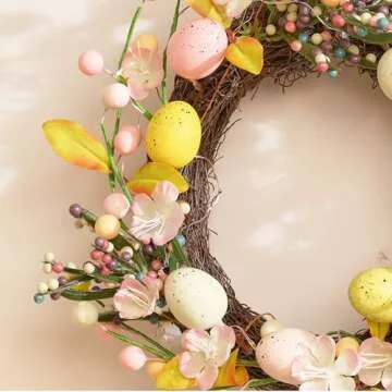 Valery Madelyn Easter Bunny Wreaths for Front Door with Lights, Easter Rabbit Wreath Decoration with Pastel Eggs, Artificial Spring Wreath for Home Indoor Outdoor Window Wall Holiday Party Decor-18''