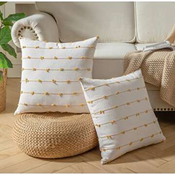 Caflife Boho Throw Pillow Covers 18x18 inches Beige and Yellow, Set of 2 Modern Farmhouse Decorative...