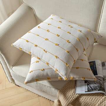 Caflife Boho Throw Pillow Covers 18x18 inches Beige and Yellow, Set of 2 Modern Farmhouse Decorative Pillow Covers for Couch Bed, Living Room