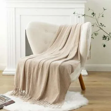 BATTILO HOME Beige Chenille Throw Blanket for Couch, Decorative Fringe Velvety Khaki Tan Throw Blank...