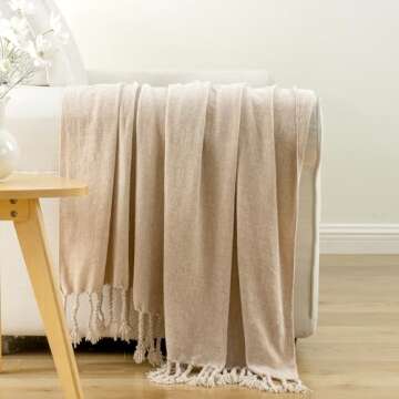 BATTILO HOME Beige Chenille Throw Blanket for Couch, Decorative Fringe Velvety Khaki Tan Throw Blanket for Sofa Home Decor, 50"x60"