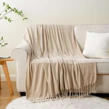 BATTILO HOME Beige Chenille Throw Blanket for Couch, Decorative Fringe Velvety Khaki Tan Throw Blanket for Sofa Home Decor, 50"x60"