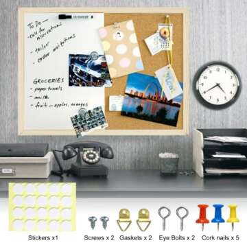 OWLKELA Dry Erase Cork Board 16.5"x12.6", Notice Pin Board, Memo Board, Vision Board, Bulletin Board for Office, Classroom or Home, Mounting Hardware and Push Pins Included, Wooden Frame