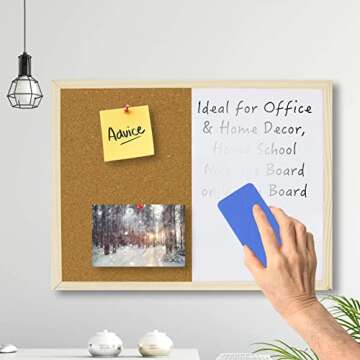 OWLKELA Dry Erase Cork Board 16.5"x12.6", Notice Pin Board, Memo Board, Vision Board, Bulletin Board for Office, Classroom or Home, Mounting Hardware and Push Pins Included, Wooden Frame