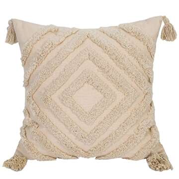 Faycole Morocco Tufted Throw Pillow Case with Tassels Boho Farmhouse Cushion Covers for Sofa Couch Home Décor 18x18 Inches Cream Beige