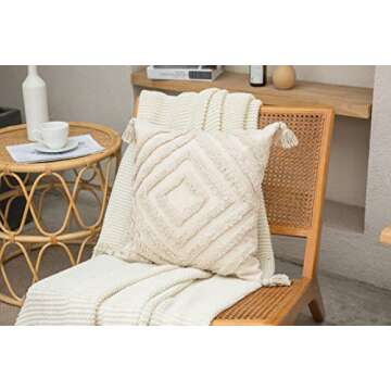 Faycole Morocco Tufted Throw Pillow Case with Tassels Boho Farmhouse Cushion Covers for Sofa Couch Home Décor 18x18 Inches Cream Beige