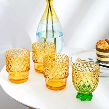 Diamond Star Stacking Glasses Fruit Set of 4 10 oz Cups Pear Pineapple Colorful Stackable Drinking G...