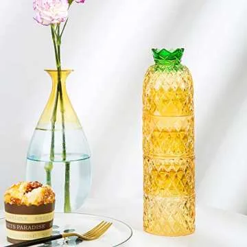 Diamond Star Stacking Glasses Fruit Set of 4 10 oz Cups Pear Pineapple Colorful Stackable Drinking Glass Sets Yellow with Green Leaf Glassware for Drinking Water, Bear