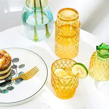 Diamond Star Stacking Glasses Fruit Set of 4 10 oz Cups Pear Pineapple Colorful Stackable Drinking Glass Sets Yellow with Green Leaf Glassware for Drinking Water, Bear