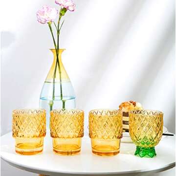Diamond Star Stacking Glasses Fruit Set of 4 10 oz Cups Pear Pineapple Colorful Stackable Drinking Glass Sets Yellow with Green Leaf Glassware for Drinking Water, Bear
