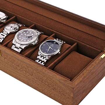 LESTAR Watch Box, Executive 6 Slots Watch Case with Valet, Glass Topped Wooden Watch Display Case Wa...