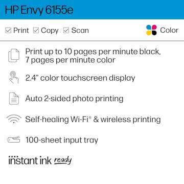 HP Envy 6155e Wireless All-in-One Color Inkjet Printer, Print, scan, Copy, Duplex Printing Best-for-...