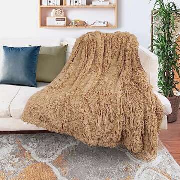 Tuddrom Decorative Extra Soft Faux Fur Throw Blanket 50" x 60",Solid Reversible Fuzzy Long Hair Shaggy Blanket,Fluffy Cozy Plush Fleece Comfy Microfiber Fur Blanket for Couch Sofa Bed,Camel