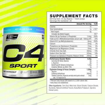 Cellucor C4 Sport Pre Workout Powder - NSF Certified for Sport - Elite Hydration - 200mg Caffeine + Creatine + Beta-Alanine - Electrolytes and Energy Supplement - ICY Blue Razz, 20 Servings