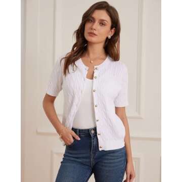 GRACE KARIN Short Sleeve Lightweight Cardigan for Women Summer Open Front Cable Knit Work Cardigan Sweater White L