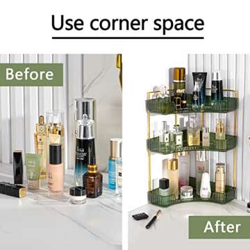 shuang qing 3-Tier Corner Bathroom Counter Organizer – Classic Storage Shelf for Makeup, Perfume & Toiletries, Space-Saving Countertop Tray Fits Bathroom, Dresser, Kitchen (Sage Green)