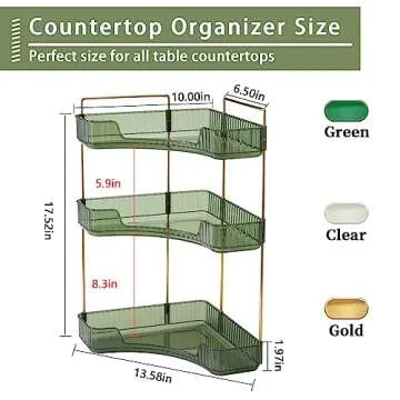shuang qing 3-Tier Corner Bathroom Counter Organizer – Classic Storage Shelf for Makeup, Perfume & Toiletries, Space-Saving Countertop Tray Fits Bathroom, Dresser, Kitchen (Sage Green)