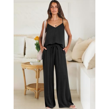 ANRABESS Women's 2 Piece Linen Lounge Set Casual Matching Pants Jumpsuit Summer Beach Travel Vacation Trendy Outfits Black Large