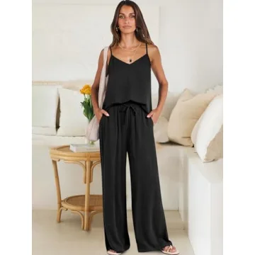 ANRABESS Women's 2 Piece Linen Lounge Set Casual Matching Pants Jumpsuit Summer Beach Travel Vacation Trendy Outfits Black Large