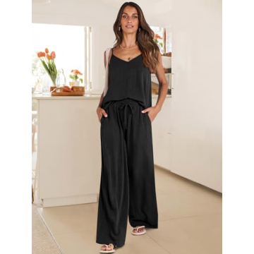 ANRABESS Women's 2 Piece Linen Lounge Set Casual Matching Pants Jumpsuit Summer Beach Travel Vacation Trendy Outfits Black Large