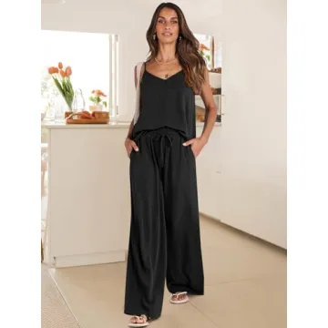 ANRABESS Women's 2 Piece Linen Lounge Set Casual Matching Pants Jumpsuit Summer Beach Travel Vacation Trendy Outfits Black Large